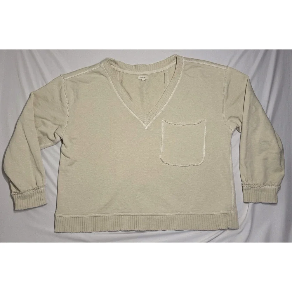 Pilcro Anthropologie Montana Pocket Knit Top Ivory V-Neck Sweatshirt Size Large - Picture 1 of 6